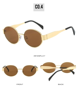 Detailed views of oval gold metal sunglasses with brown lenses from multiple angles
