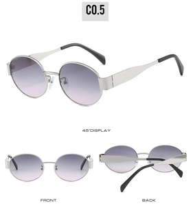 Three views of oval sunglasses with purple gradient lenses and silver metal frames