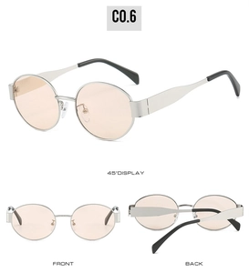 Three views of silver metal oval sunglasses with light orange lenses and black ear tips