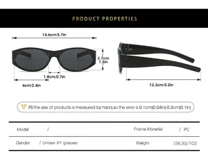 Size chart for oval PC sunglasses showing frame width, lens height, and arm length measurements