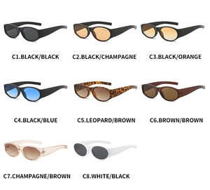 Multiple color options for oval frame sunglasses featuring retro PC lenses and frames