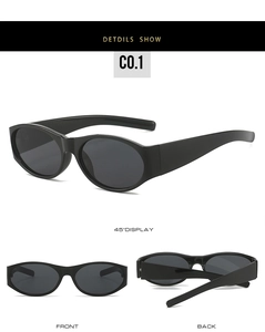 Detail shots of oval sunglasses showing 45-degree angle, front and back view of frame