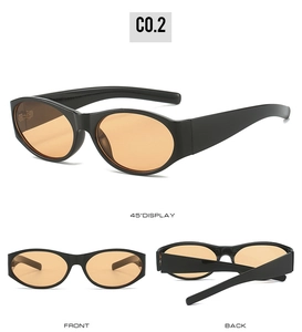 Three-angle display of oval sunglasses with sleek black PC frame and amber lenses