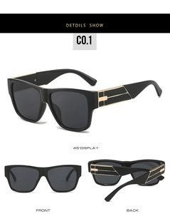 Détails de lunettes de soleil carrées avec accents métalliques dorés sur les branches