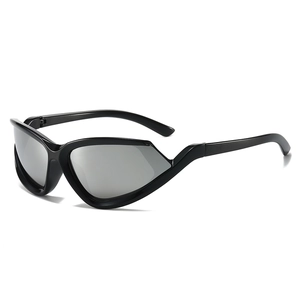 Y2K sporty cat eye sunglasses with black glossy frame and silver mirrored lenses