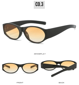 Detailed views of oval sunglasses with black frames and orange gradient lenses