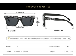 Detailed technical view of square oversized sunglasses with diamond accents and dimensions