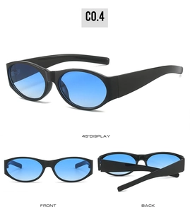 Multi-angle view of oval sunglasses in black frame with blue gradient lenses