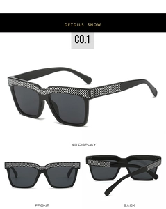 Detailed three-view shots of square oversized sunglasses with sparkling crystal inlay