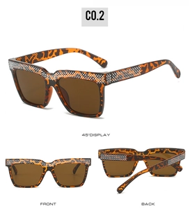 Three-view layout of tortoise shell oversized sunglasses with luxury rhinestone inlay