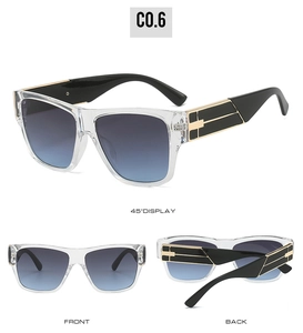 Détail de lunettes de soleil carrées à monture transparente et verres dégradés bleus