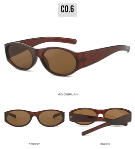Detail display of retro oval sunglasses featuring a translucent brown frame at a 45-degree angle