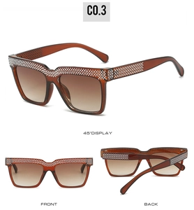 Three views of luxury rimless sunglasses with rhinestone trim and gradient brown lenses
