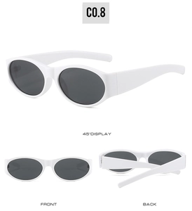 Oval white frame sunglasses with dark grey lenses in front, back and 45-degree views
