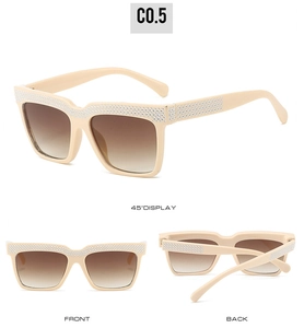 Three-angle view of beige oversized sunglasses with rhinestone-studded frame and brown lenses