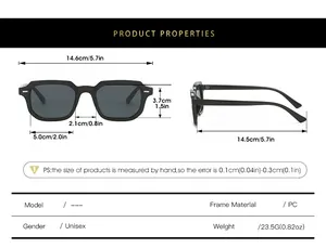 Detailed size chart for square sunglasses showing frame dimensions and specifications