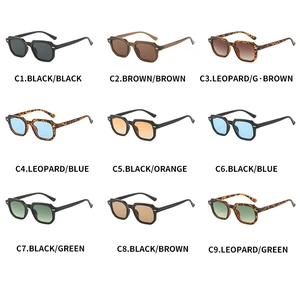 Detailed grid display of square fashion sunglasses in multiple frame and lens colors