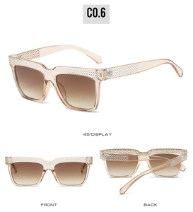 Three-angle view of oversized champagne sunglasses with sparkling silver rhinestones
