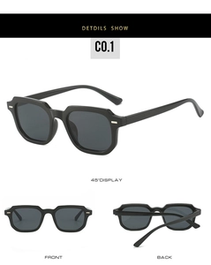 Detailed views of square sunglasses with rivets and dark grey lenses in multiple angles