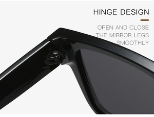 Detail view of the smooth hinge design on black square sunglasses for durability