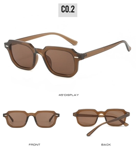 Detailed views of square amber sunglasses showing front, side and hinge construction