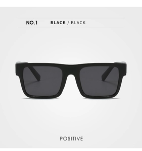 Front view of black rectangular full frame sunglasses with dark grey UV protective lenses