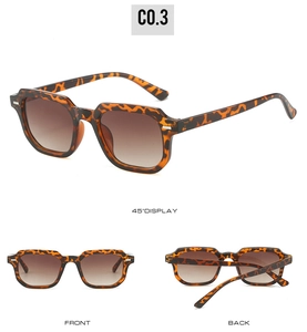 Detailed views of square tortoiseshell sunglasses with brown gradient lenses and rivets