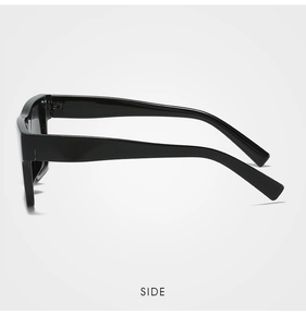 Side view of square black sunglasses showing wide temple structure and sturdy hinges
