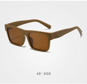 Detailed 45-degree side view of stylish square dark brown sunglasses frame and lenses