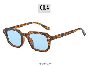 Detailed 45-degree side view of square tortoiseshell sunglasses with light blue lenses
