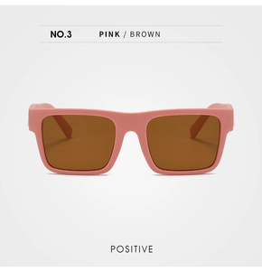 Front view of pink square frame sunglasses with brown lenses and integrated nose pads