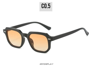 Detailed 45-degree view of square sunglasses with silver rivets and orange lenses