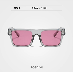 Detail of square gray frames with pink lenses and integrated nose pads on sunglasses