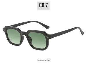 Detailed 45-degree side view of square geometric sunglasses with green gradient lenses