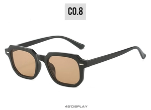 Detail view of square sunglasses with silver metal rivets on a black frame and brown lenses