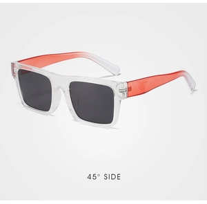 Detailed 45-degree side view of square sunglasses with red gradient transparent frame