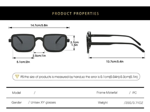 Technical drawing of square sunglasses showing dimensions and PC frame specifications