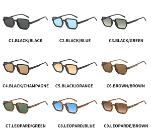 Nine color variations of square chunky sunglasses with multiple lens and frame combinations
