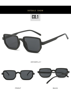 Detailed views of square black fashion sunglasses with polygonal frames and gray lenses