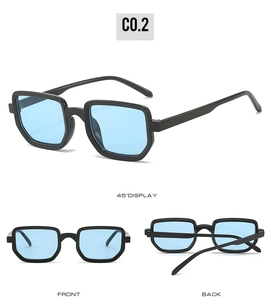 Three-way view of square sunglasses with black frame and light blue lenses showing 45-degree angle