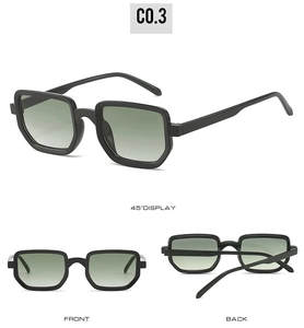 Three perspectives of square black frame sunglasses with gradient grey lenses