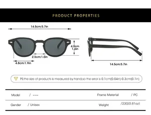 Detailed size chart for retro round sunglasses showing frame width and dimensions