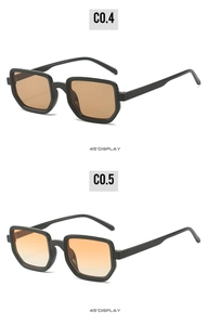 45-degree angle display of black square sunglasses with brown and orange gradient lenses