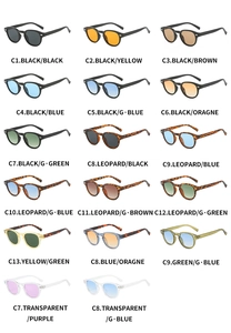 Matrix display of vintage round frame sunglasses with rivet details in multiple colors