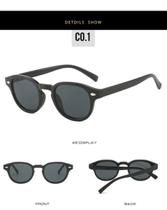 Detailed views of black round sunglasses with silver rivets from three angles