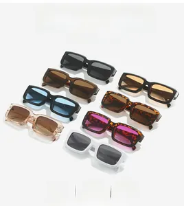 Detailed grid of rectangle frame sunglasses in assorted vintage colors on white background