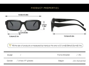 Detailed sizing chart and specifications for rectangle fashion sunglasses in centimeters