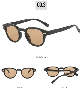Three-view display of black round sunglasses with tea lenses and silver diamond rivets