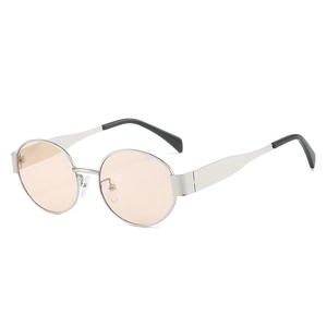 Retro oval sunglasses with silver metal frame and light pink translucent lenses