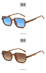 45-degree side view of square tortoise shell sunglasses with blue and brown lenses